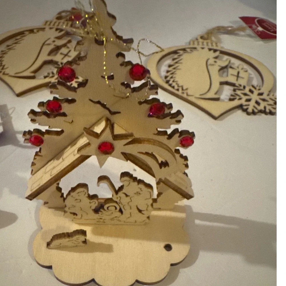 Wood Ornament Set Natural New Laser Cut Nativity Animal 4pc